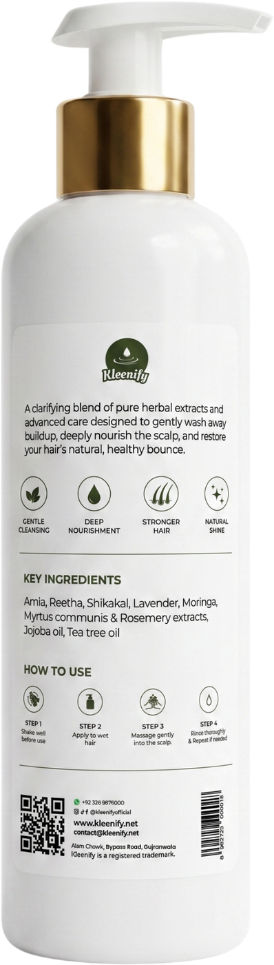 Back label of Kleenify Herbal Shampoo listing key ingredients