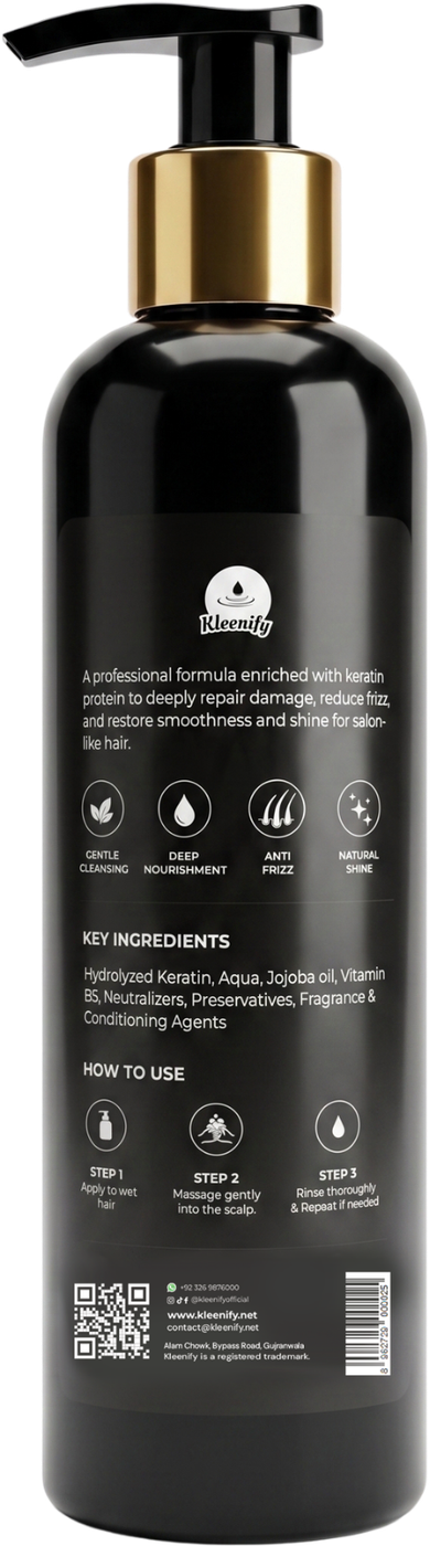 Back label of Kleenify Keratin Shampoo listing key ingredients